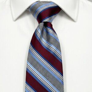 Joseph & Feiss Silk Tie Red Blue Grey Striped Woven Repp Textured Designer